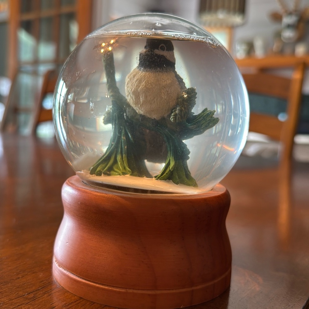 LL Bean Midwest of Cannon Falls Chickadee Snow Globe Wood Base